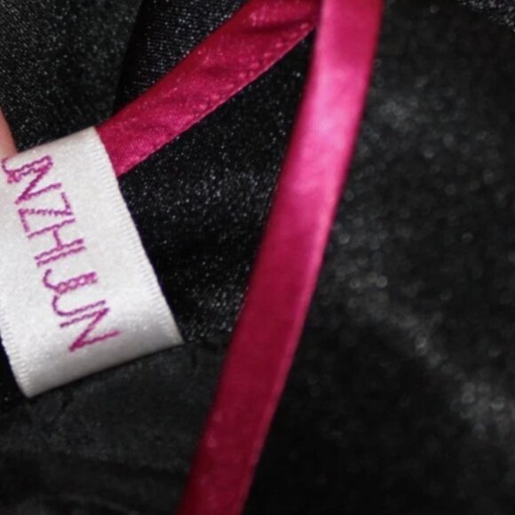 Long Black Satin Dress Floral Butterfly Side Slits Mandrin Collar Eastern XS - Picture 6 of 8